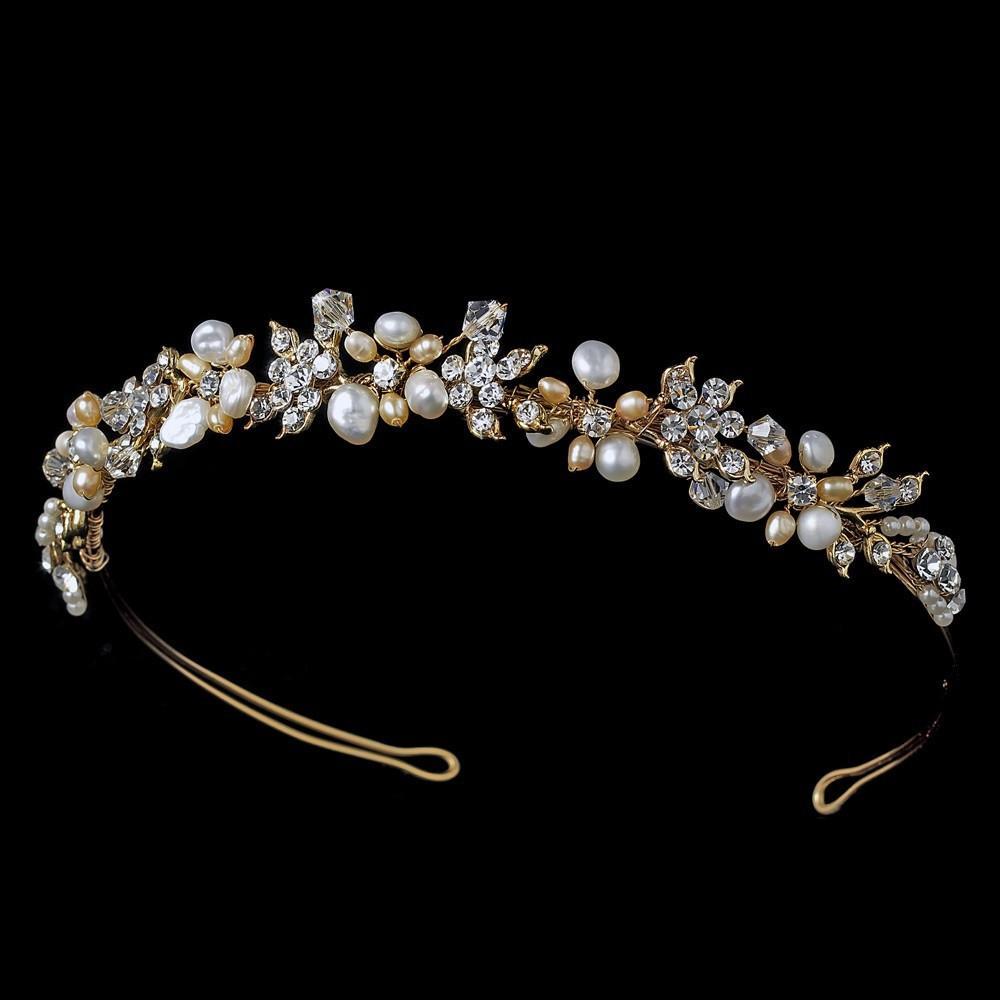 Gold Ivory & blush Freshwater Pearl Bridal Headband - La Bella Bridal Accessories
