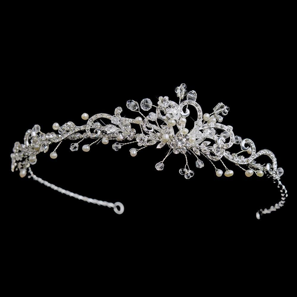 Silver Ivory Freshwater Pearl & Crystal Side Accented Headband - La Bella Bridal Accessories