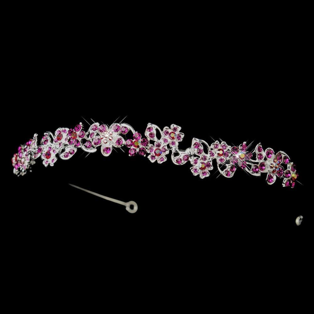 Silver Fuchsia & AB Crystal Flower Bridal Headpiece - La Bella Bridal Accessories