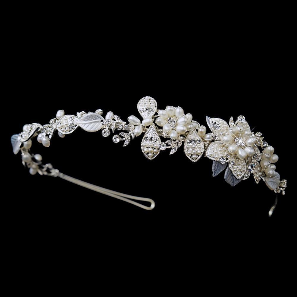Silver Ivory Pearl & Crystal Floral Side Accented Bridal Headband - La Bella Bridal Accessories