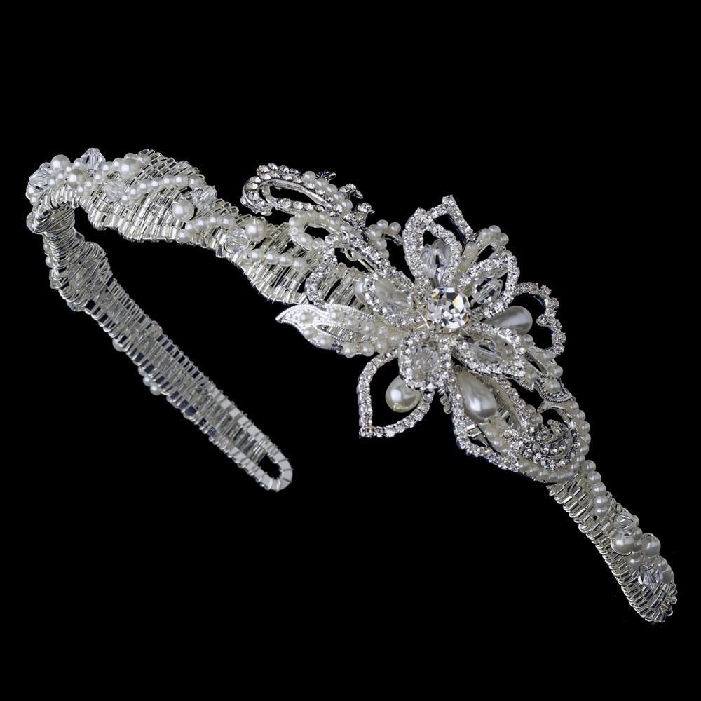 Pearl & Crystal Couture Side Accented Flower Bridal Headband - La Bella Bridal Accessories