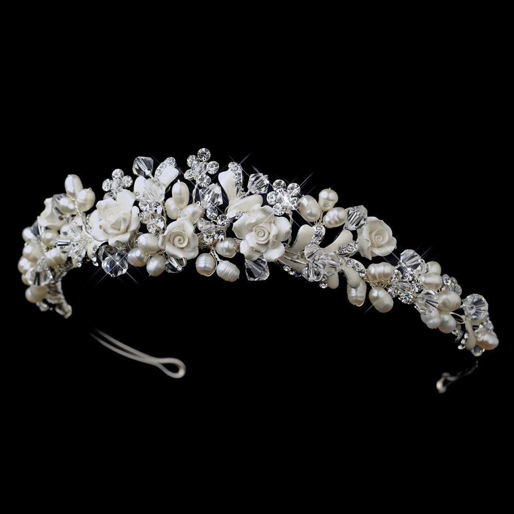 Swarovski Crystal & Freshwater Pearl, Flower Wedding Tiara - La Bella Bridal Accessories