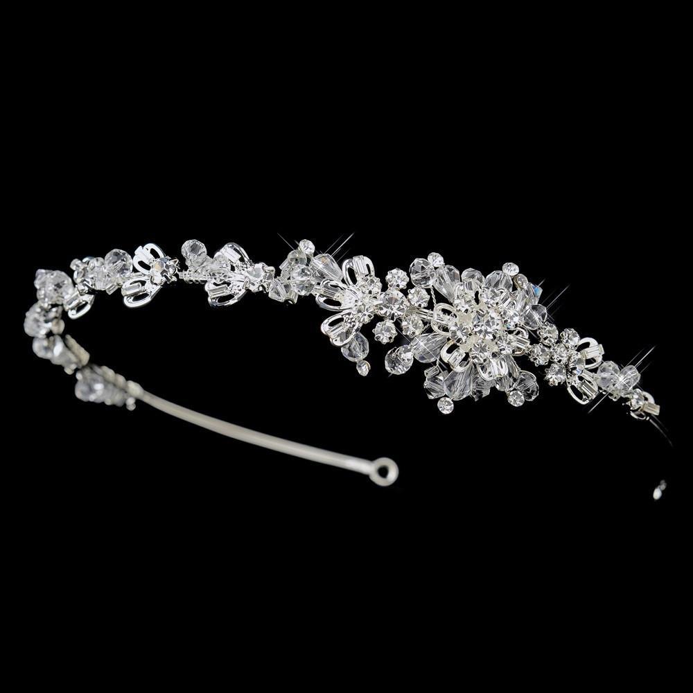 Silver Swarovski Crystal & Round Crystal Floral Side Accented Headpiece - La Bella Bridal Accessories
