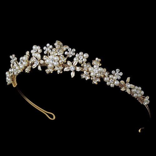 Gold & Ivory Pearl Floral Bridal Tiara - La Bella Bridal Accessories