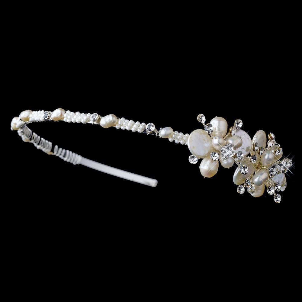 Silver Ivory Pearl and Crystal Bridal Headband - La Bella Bridal Accessories