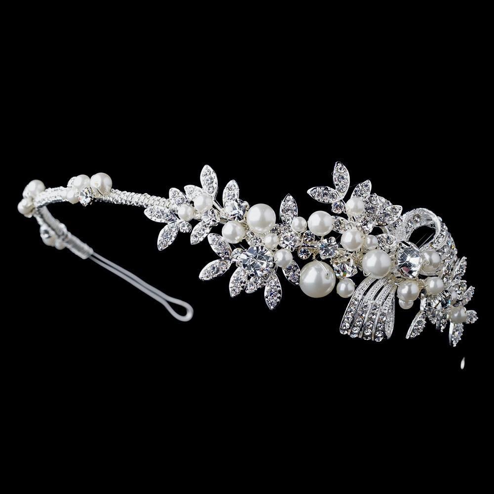 Antique Silver Crystal Pearl Bridal Headpiece - La Bella Bridal Accessories