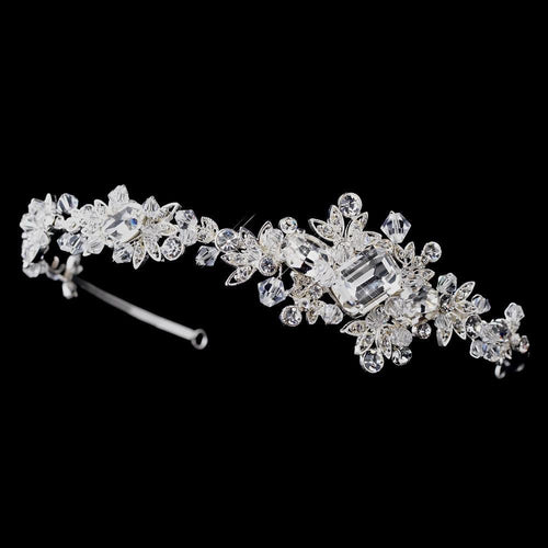 Antique Silver Swarovski Crystal & Multi Cut Crystal Side Accented Headpiece - La Bella Bridal Accessories