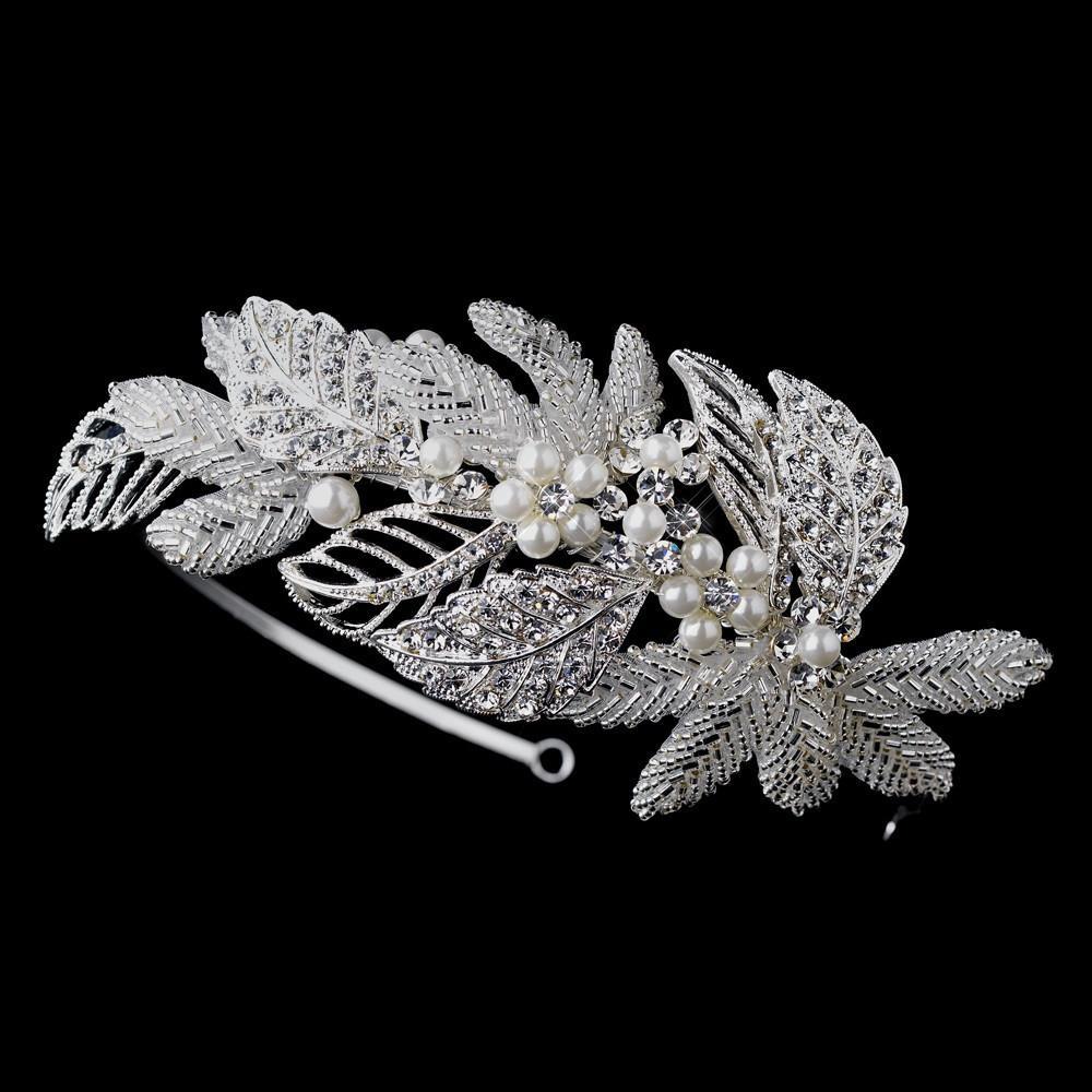 Antique Silver Crystal & Pearl Leaf Headpiece - La Bella Bridal Accessories