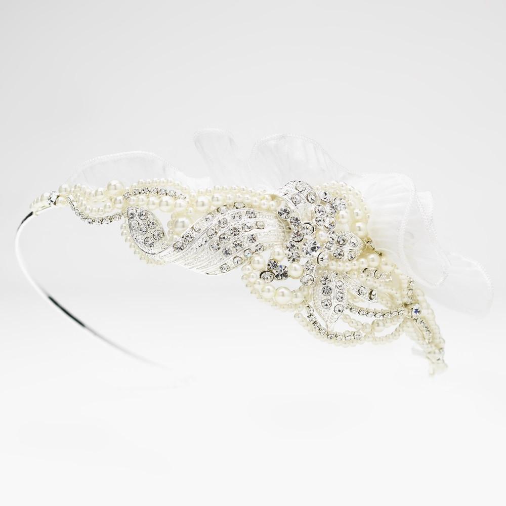 Exquisite Side Accented Crystal, Pearl & Ivory Tulle Headband - La Bella Bridal Accessories