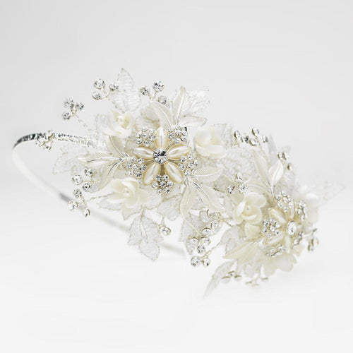 Diamond White Sparkle Flower Bridal Side Accented Headband - La Bella Bridal Accessories