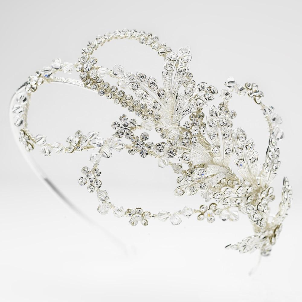 Extravagant Side Accented Crystal Leaf & Flower Petal Headband in Silver - La Bella Bridal Accessories