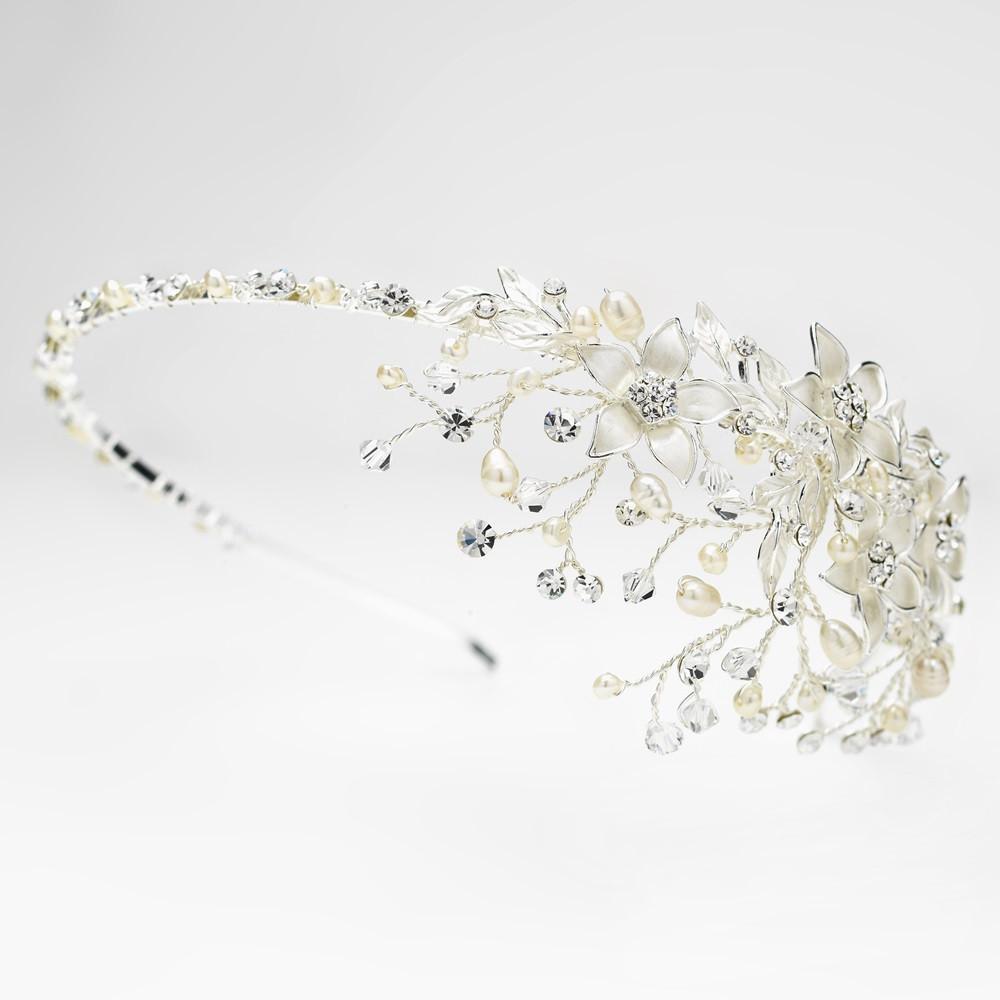 Freshwater Pearl Crystal Flower Side Accented Headband in Silver - La Bella Bridal Accessories