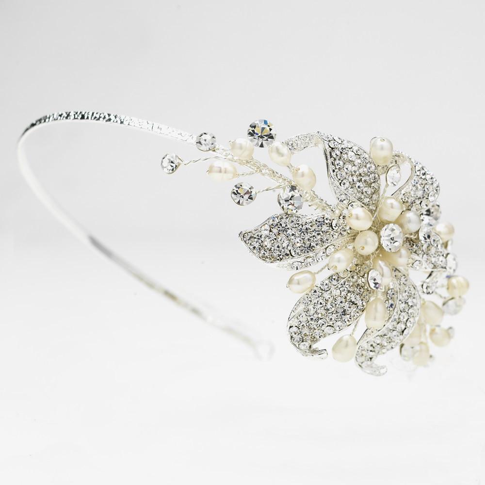 Silver Bridal Headband with Crystal & Ivory Pearl Side Accenting Flower - La Bella Bridal Accessories