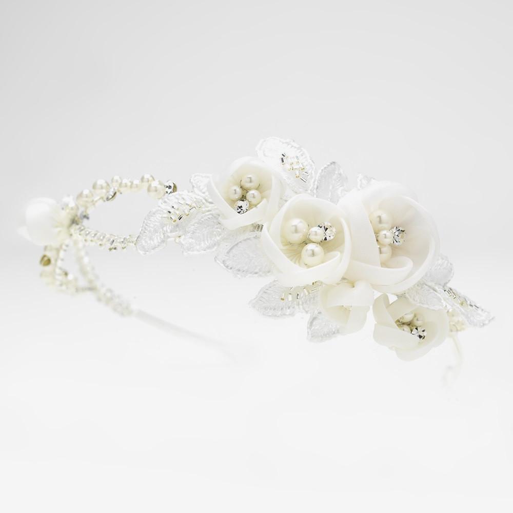 Ivory Floral Side Accented Bridal Headband in Silver - La Bella Bridal Accessories