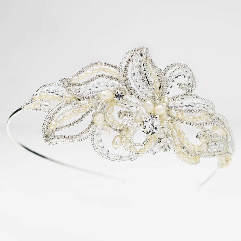 Silver Freshwater Pearl, Crystal Side Accented Headband Headpiece - La Bella Bridal Accessories