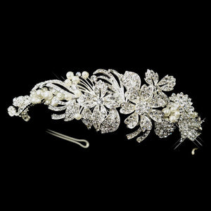 Silver Ivory Pearl & Crystal Flower Side Accented Headband Headpiece - La Bella Bridal Accessories