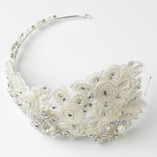 Ivory Vintage Pearl & Crystal Contoured Facial Headband Russian Tulle - La Bella Bridal Accessories