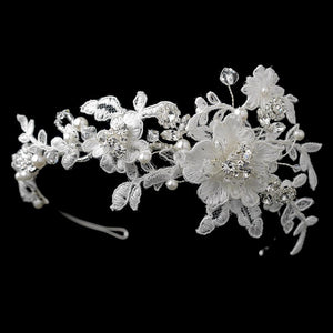 Pearls & Swarovski Crystal Embroidered Fabric Flower Side Accented Headband - La Bella Bridal Accessories