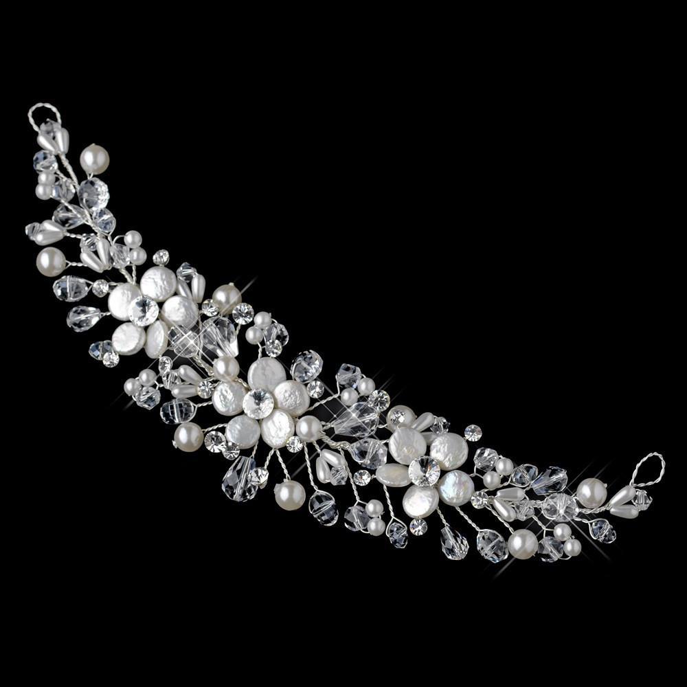 Silver Freshwater Coin Pearl, Swarovski Crystal Bead, Crystal & Sequin Flexible Headband - La Bella Bridal Accessories