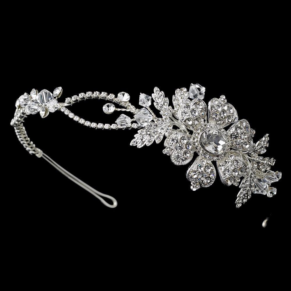 Charming Silver Side Accented Flower Headpiece w/ Crystals & Austrian Crystals - La Bella Bridal Accessories