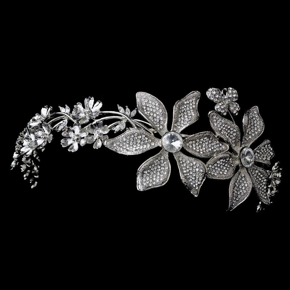 Whimsical Antique Silver Side Accented Flower & Butterfly Headpiece - La Bella Bridal Accessories