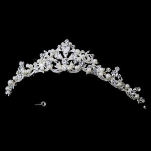 Silver White Pearl Floral Bridal Tiara Headpiece - La Bella Bridal Accessories