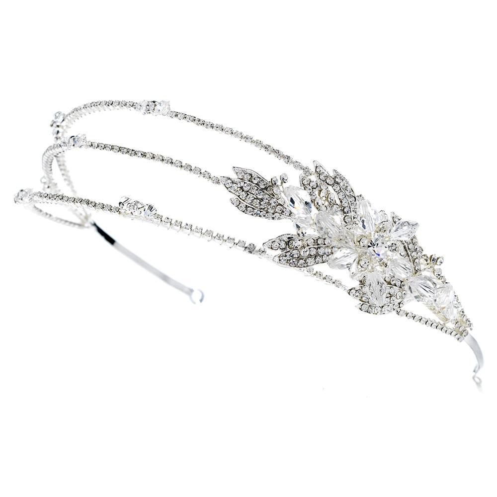 Silver Princess Cut Austrian Crystal Beaded Floral Leaf Triple Headband - La Bella Bridal Accessories
