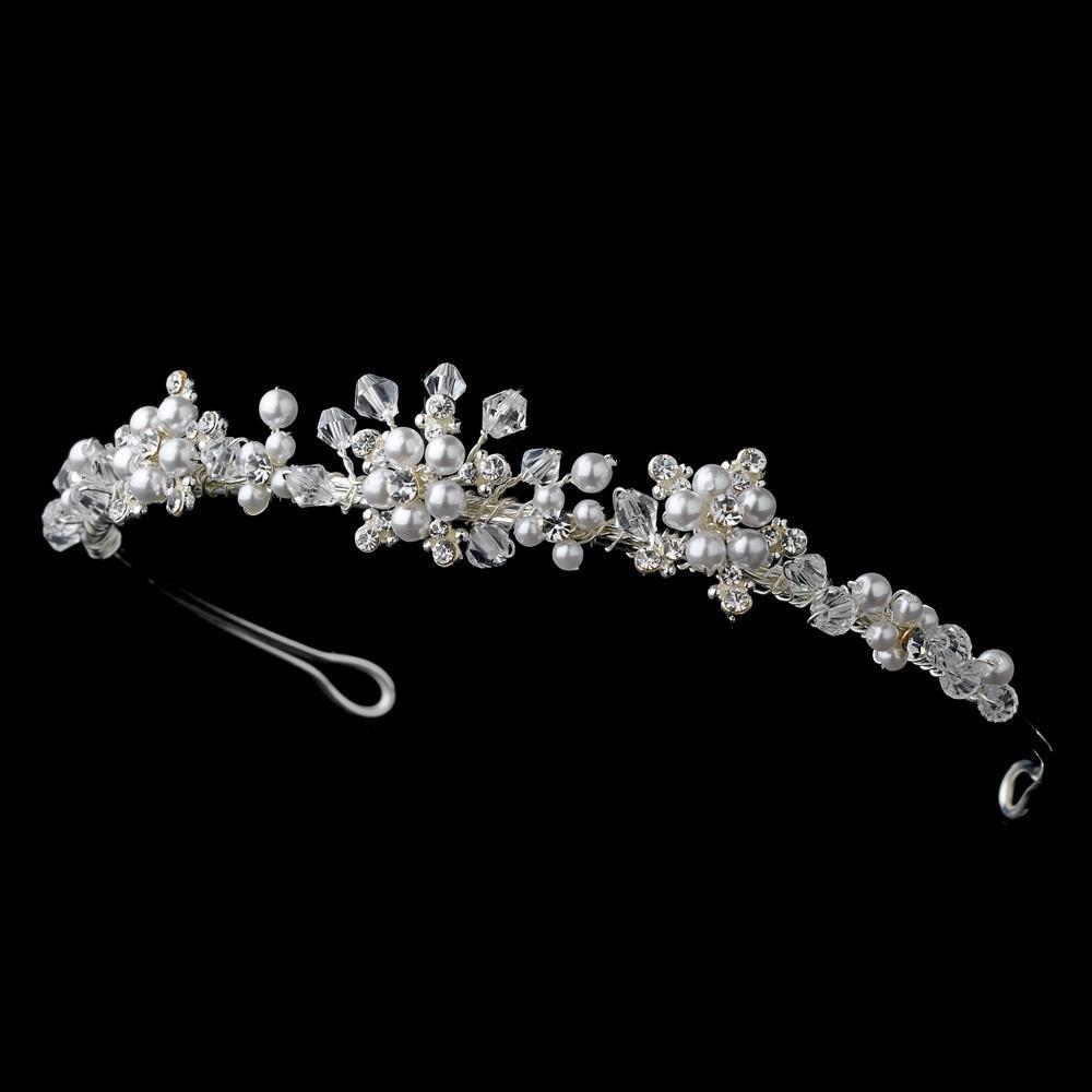 Silver Crystal & White Pearl Flowergirl Headpiece - La Bella Bridal Accessories