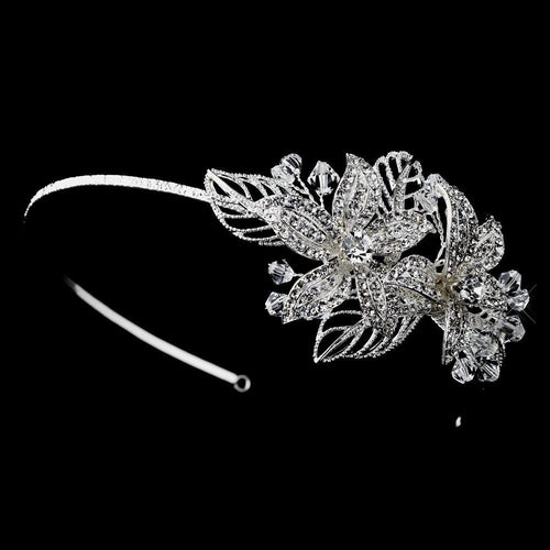 Silver Crystal Side Accented Flower Bridal Headband - La Bella Bridal Accessories