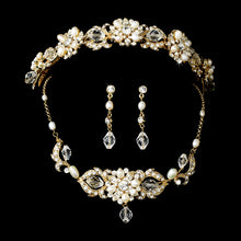 gold-swarovski-crystal-freshwater-pearl-bridal-jewelry-set, bridal headpiece, tiara, golden necklace set