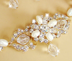 gold-swarovski-crystal-freshwater-pearl-bridal-jewelry-set, bridal headpiece, tiara, golden necklace set