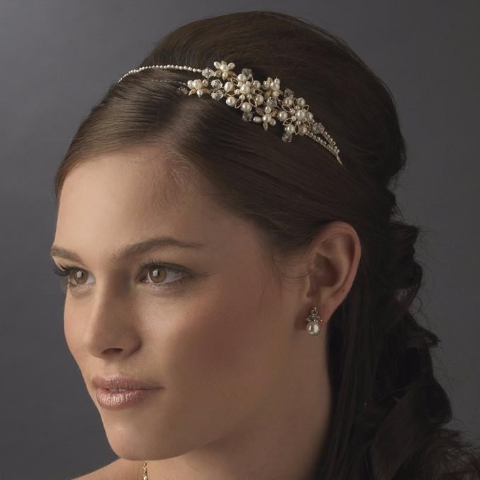 Gold and Pearl Side Accented Floral Headband - La Bella Bridal Accessories