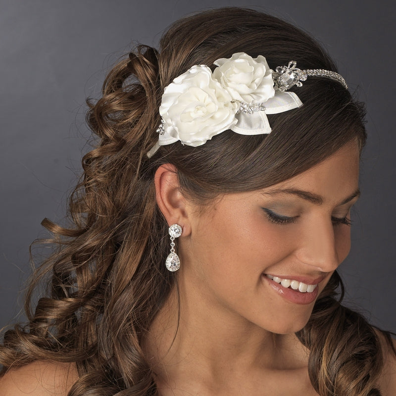 Silk Flower Crystal Encrusted Side Accented Bridal Headband  display picture 1