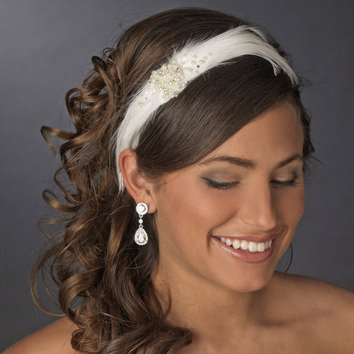 Feather, Crystal and Creamy Pearl Cluster Bridal Headband
