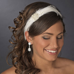 Feather, Crystal and Creamy Pearl Cluster Bridal Headband