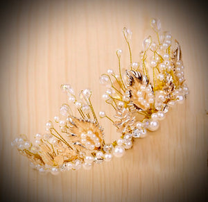 Baroque Style Gold Leaf Pearl & Crystal Wedding Tiara
