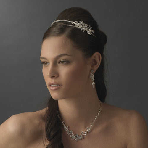 Silver Double Crystal Bridal Headband with Crystal Ornate Side Accent