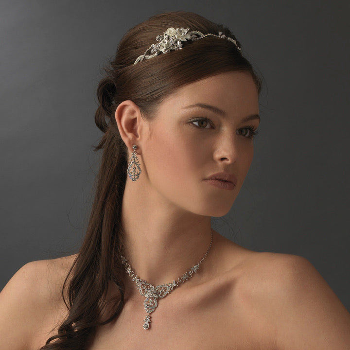 Antique Silver Ivory Bridal Headband with Flower Accents - La Bella Bridal Accessories