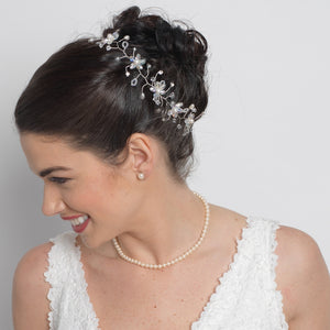 Crystal & Pearl Bridal Flower Hair Vine Headband - La Bella Bridal Accessories