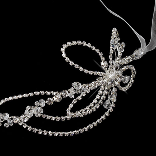 Silver Diamond White Ribbon Headband with Crystals - La Bella Bridal Accessories