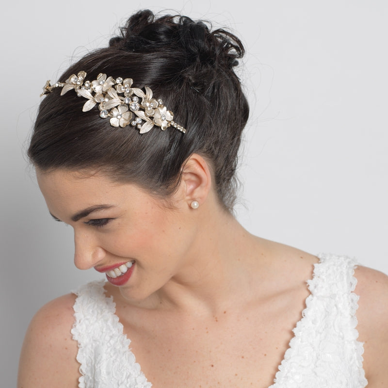 Ivory Flower Crystal Side Accented Light Gold Headband