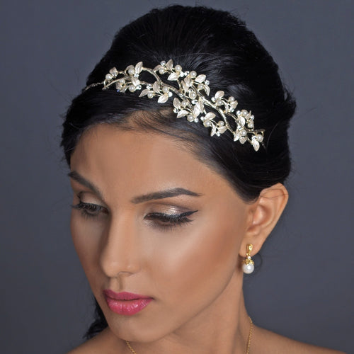 Beautiful Light Gold, or Silver Pearl & Crystal Leaf Pearl Bridal Headband - La Bella Bridal Accessories