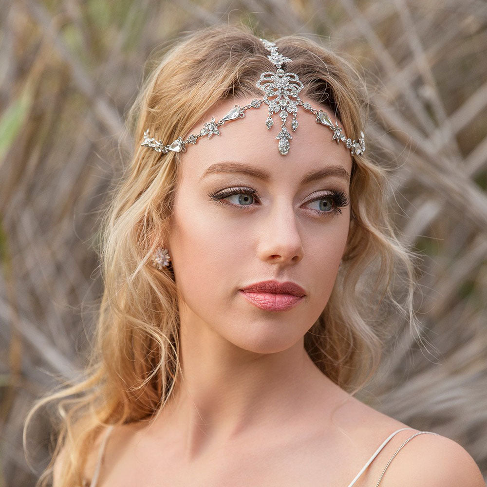 Romantic CZ Crystal Frontlet Bridal Headpiece Hair Chain