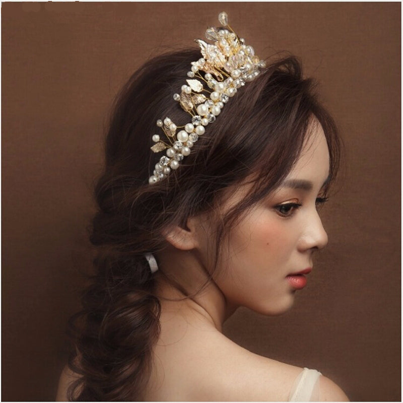 Baroque Style Pearl & Crystal Wedding Tiara - La Bella Bridal Accessories