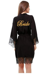 Soft Cotton Bridal Robes With long Lace Trim with Gold "Bride" - La Bella Bridal Accessories