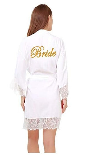 Soft Cotton Bridal Robes With long Lace Trim with Gold 
