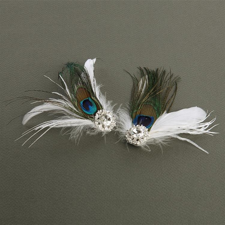 Peacock Feather Shoe Clips with Crystal - La Bella Bridal Accessories