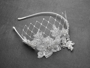 French Net Crystal Lace Bridal Headband - La Bella Bridal Accessories