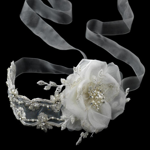 Elegant Ribbon Lace Bridal Flower Headband - La Bella Bridal Accessories