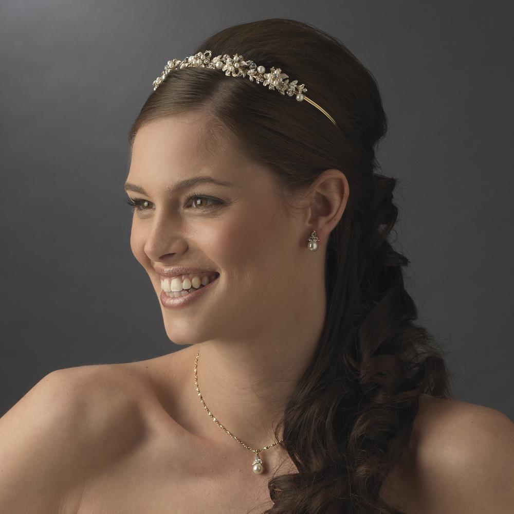 Gold Flower Leaf Pearl Crystal Bridal Headband - La Bella Bridal Accessories
